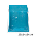 Blue folding detachable storage basket with clear front panel on a shelf
