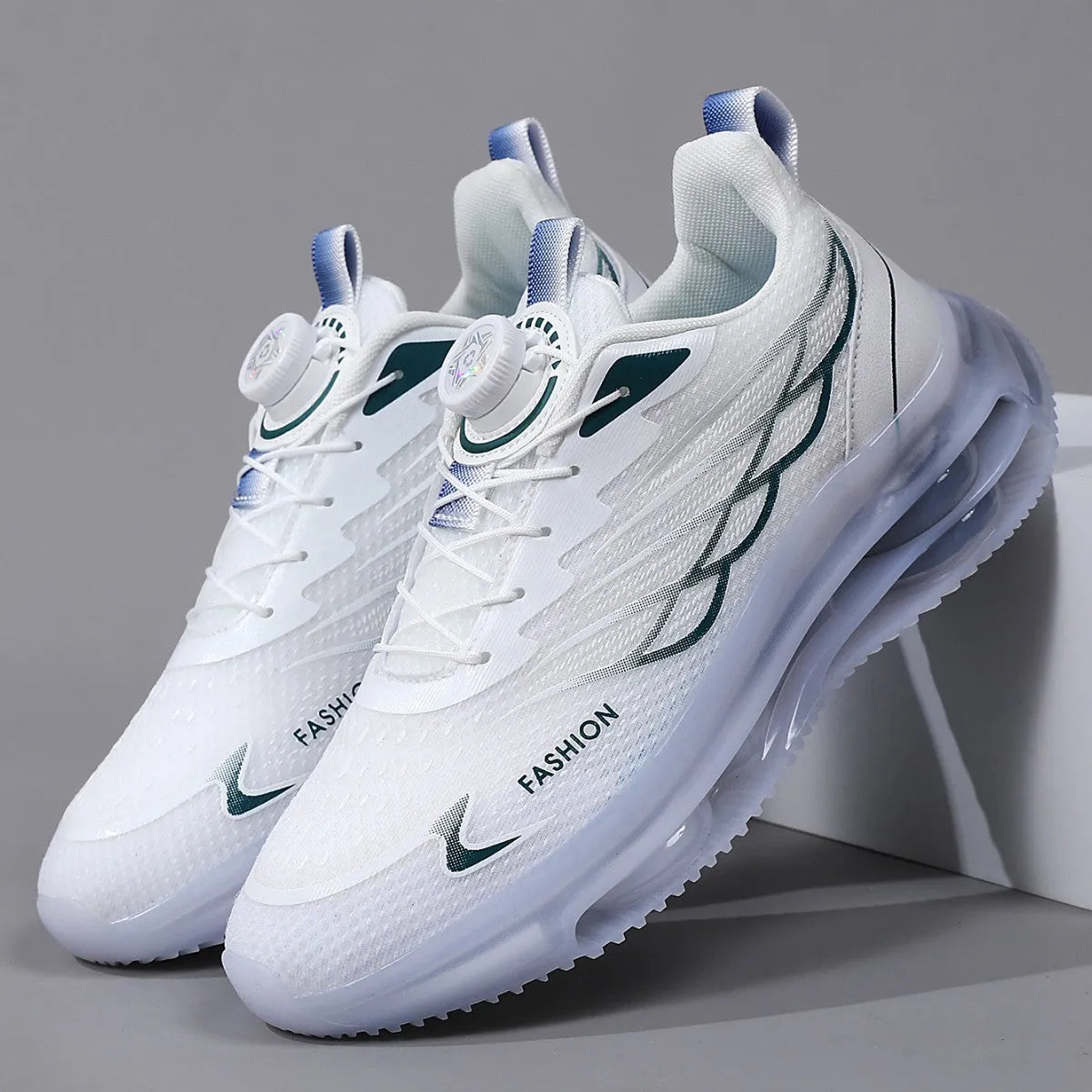 White men's low-top casual sports shoes with a rotating button lace system and breathable mesh upper.