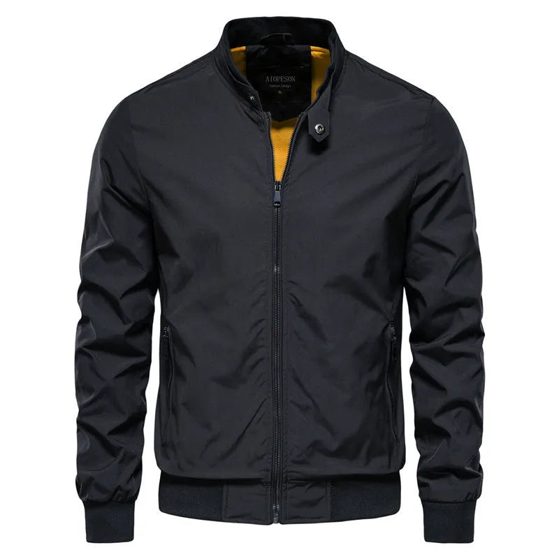 Men's thin casual polyester jacket in dark blue, black, or army green solid colour.
