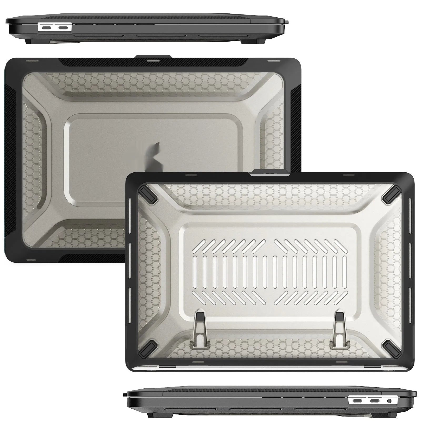 MacBook hard shell protective case in four colours: black, grey, apricot, and blue, shown on a laptop.