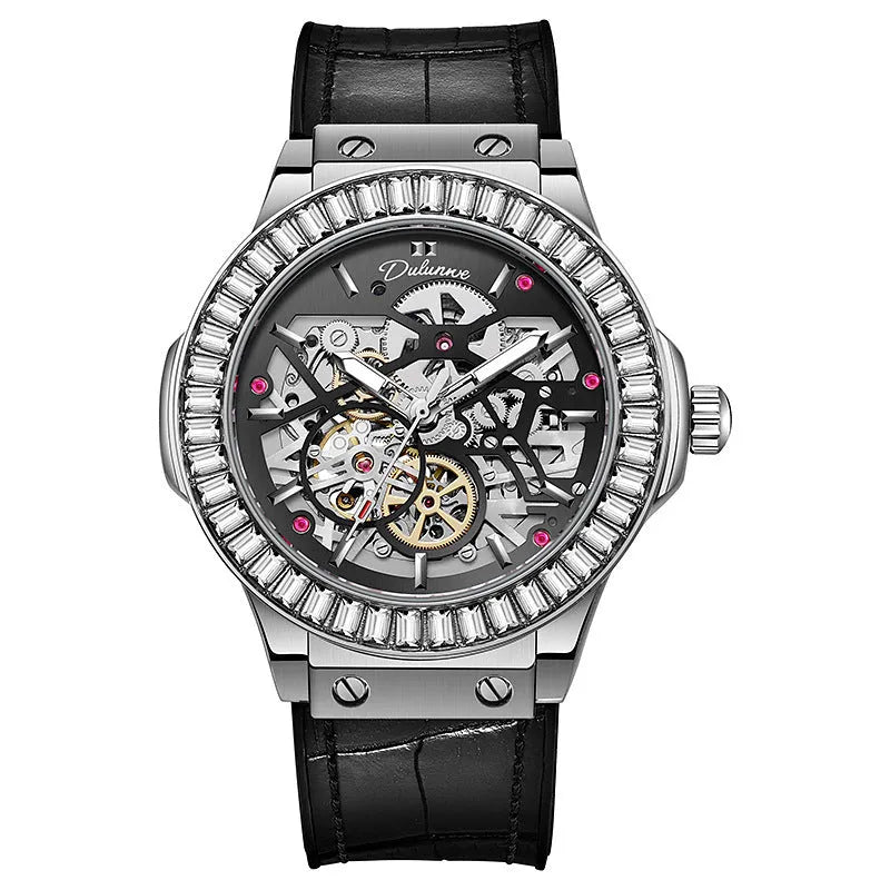 Automatic mechanical men's watch with diamond studs on a white shell case and hollow dial.