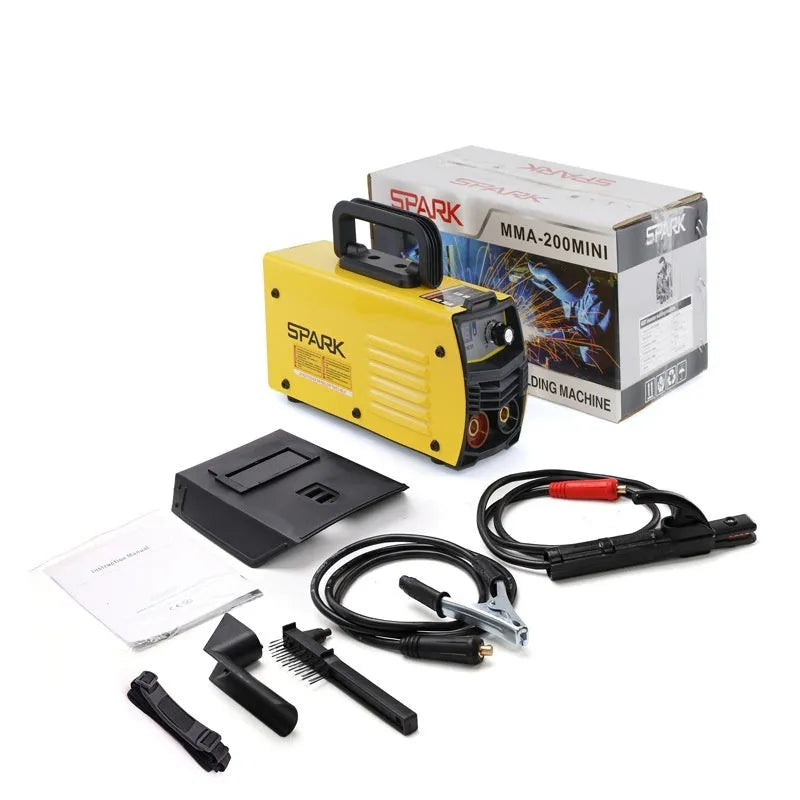 Small MMA-200MIN 220V inverter DC welding machine with welding tongs, clamp, and face shield.