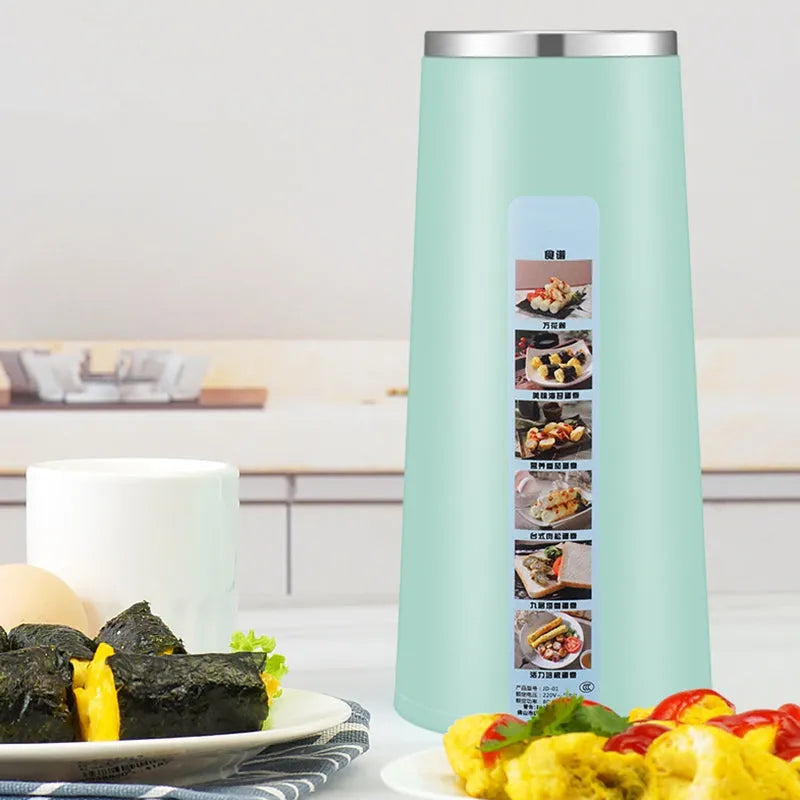 Household small egg roll machine in mint green with stainless steel 304 top cover, 80W, 2-egg capacity, compact 95mm x 200mm size