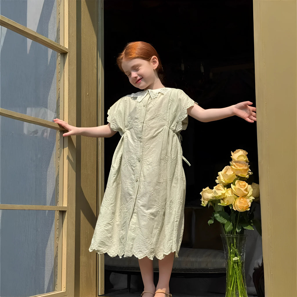 Light green cotton floral A-line dress for girls, short sleeves, pastoral style, suitable for heights 90 to 140cm