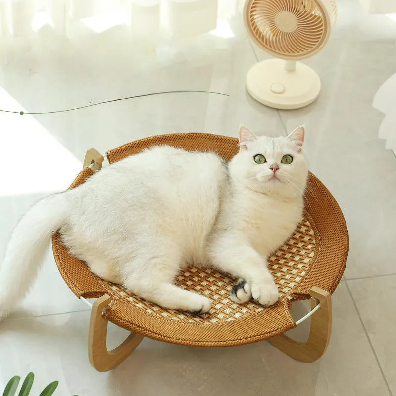 Brown woven rattan pet hammock bed measuring 46 cm square with 17.5 cm high sides