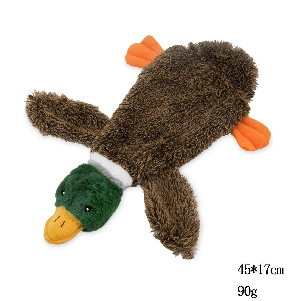 Green wild duck design stuffless dog toy with dual squeakers and bottle cavity opening