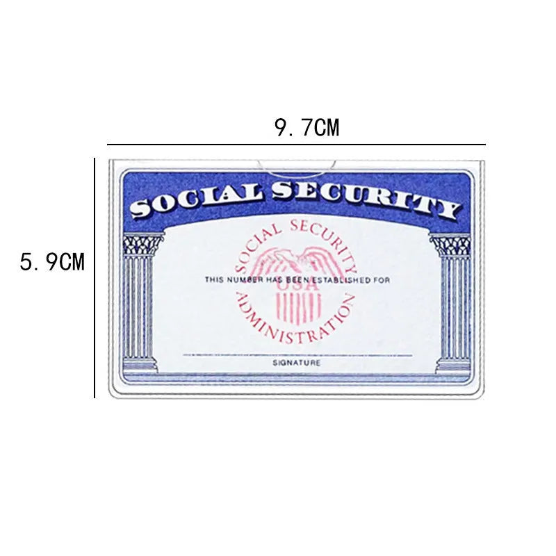 Clear PVC social security card holder measuring 9.7 by 5.9 centimetres, showing an ID card inside.