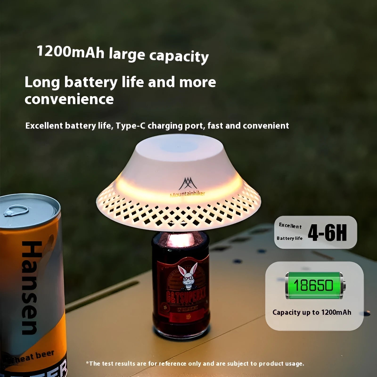 Beige and grey wine bottle-shaped camping lantern showing its compact size and light gear switch.