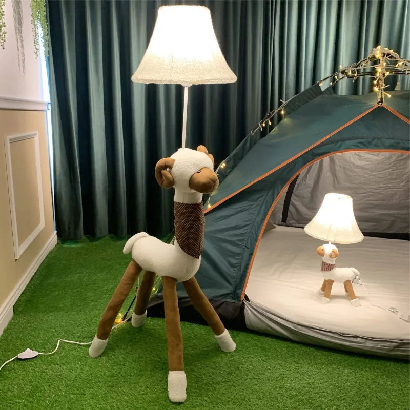 Cartoon floor lamp for children with hand-knitted cloth shade and iron stand in Lion style