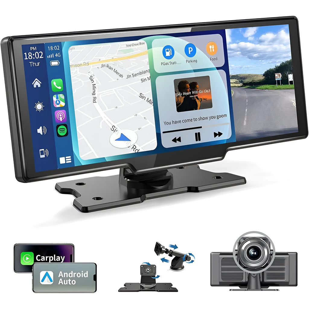 Black 10.26-inch car navigation device with suction mount showing split screen display of map and camera footage