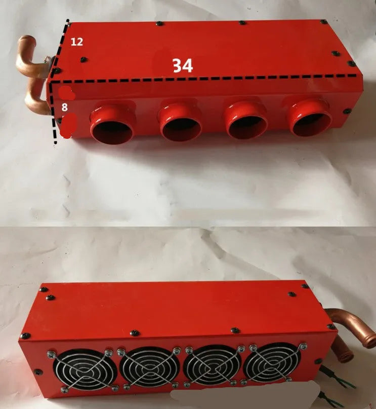Compact metal car heater with copper pipe connections for 12V and 24V vehicle auxiliary heating