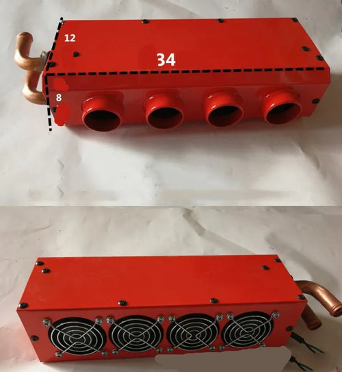 Compact metal car heater with copper pipe connections for 12V and 24V vehicle auxiliary heating