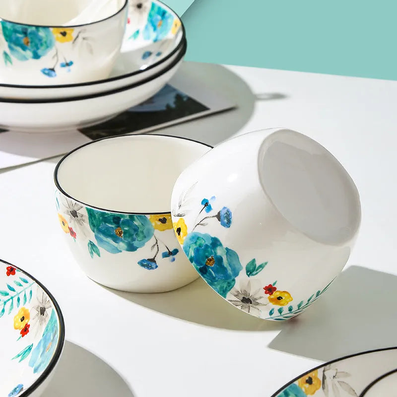 Flower In Ink 22-piece bone china style porcelain dinner set with floral pattern bowls spoons and plates