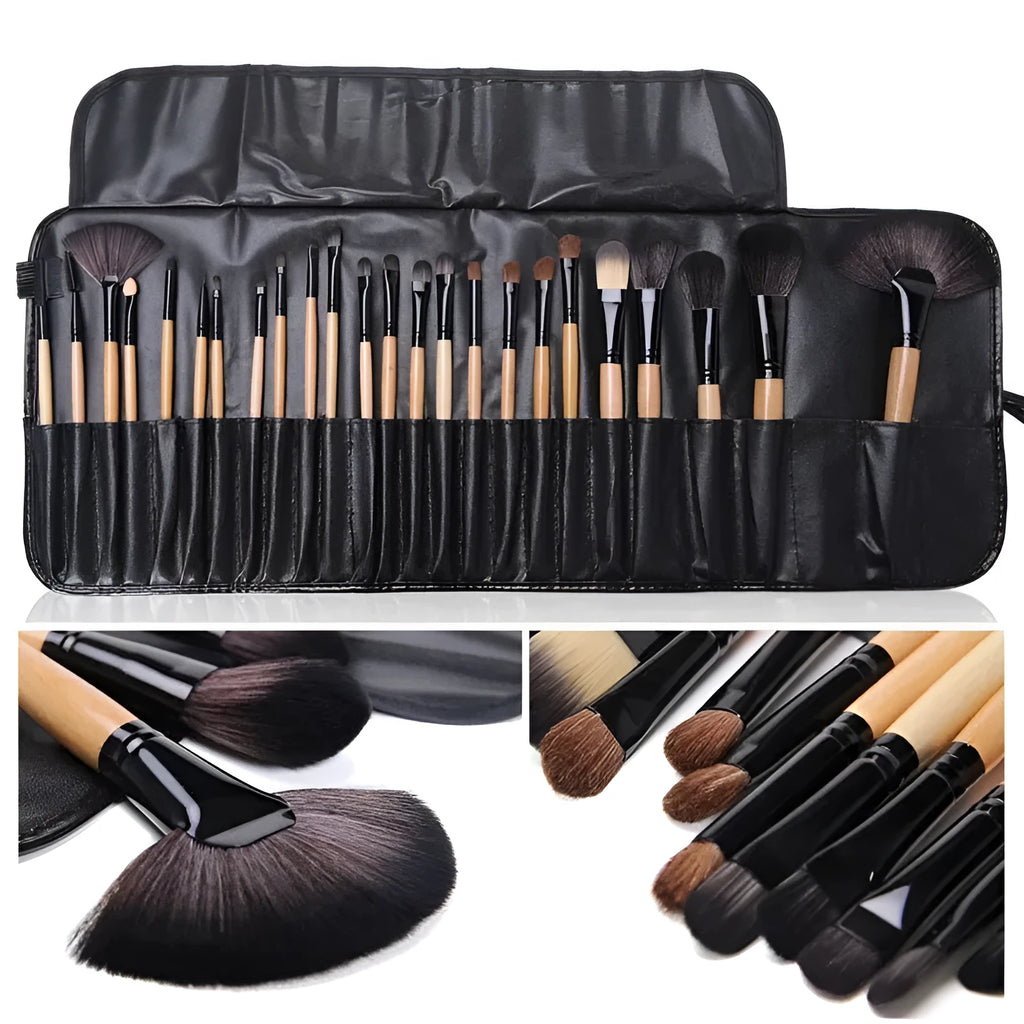 24 professional makeup brushes with wooden handles in a PU gift bag including eyebrow, powder and eyeshadow tools