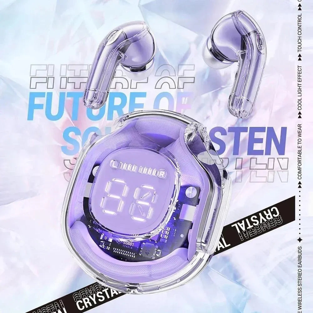 White wireless Bluetooth in-ear headset on a transparent background showing optional breathing light.
