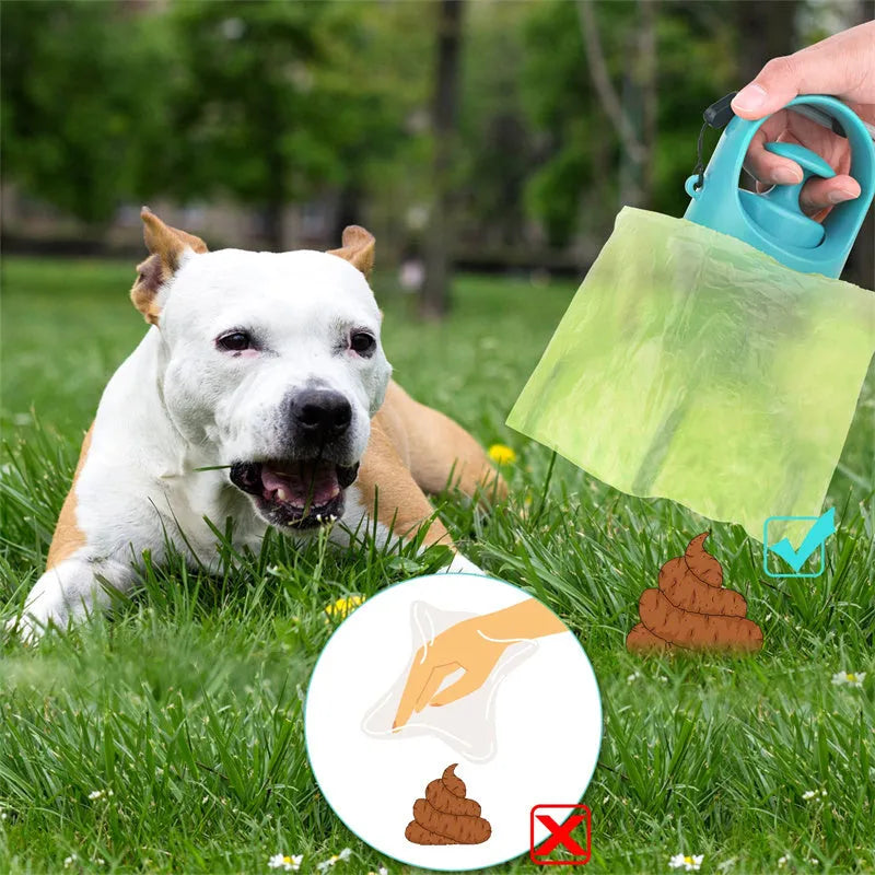 Blue portable dog pooper scooper with built-in bag dispenser and eight-claw shovel.