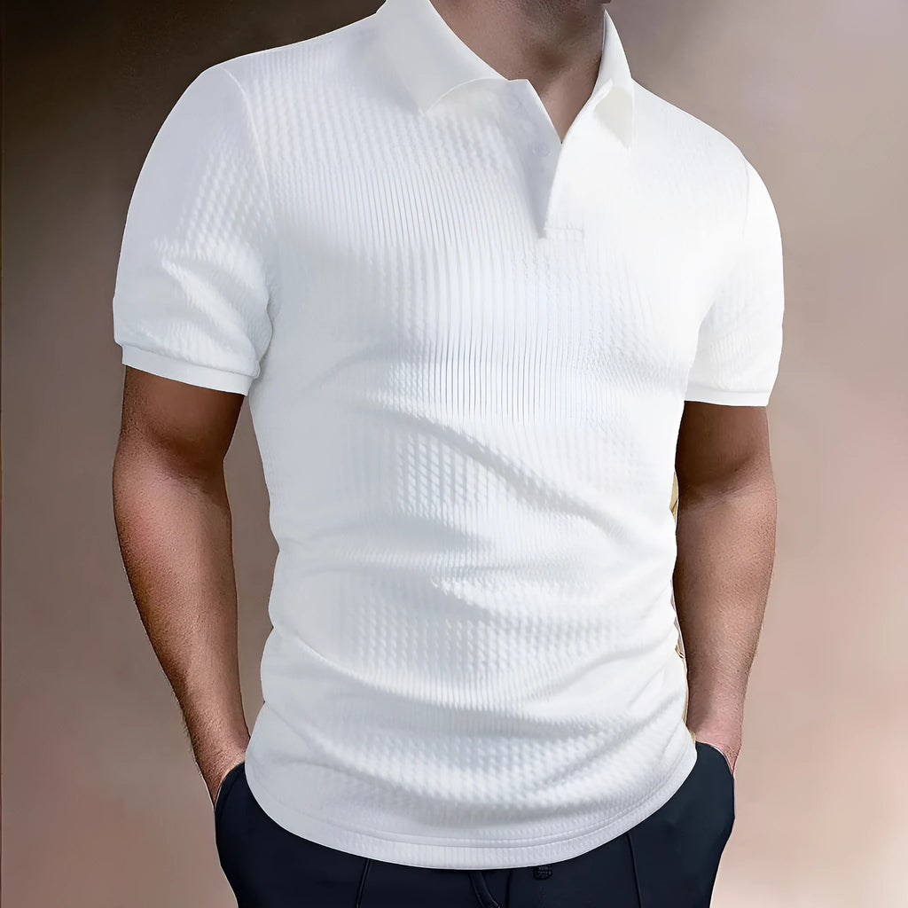 Man wearing a loose fit striped polo shirt in a light blue colour with an asymmetric design detail.