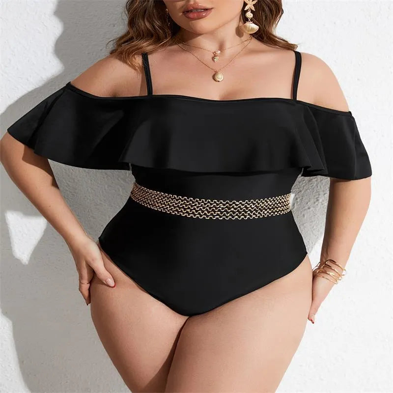 Black women's one-piece swimsuit shown in extended sizes