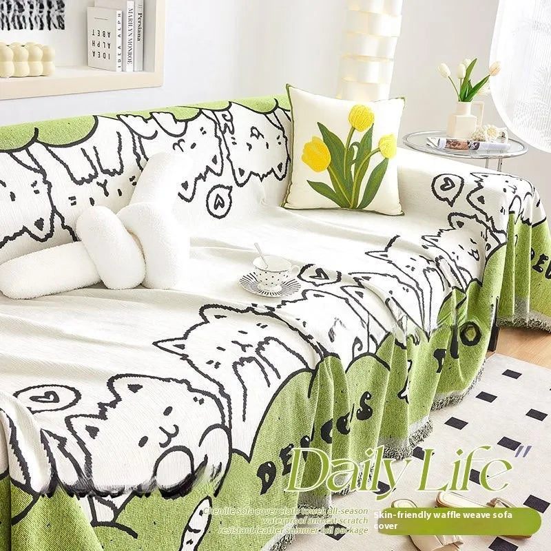 Thickened waffle sofa towel in cartoon anime Meow star paradise print, full covered one piece, 180 cm wide