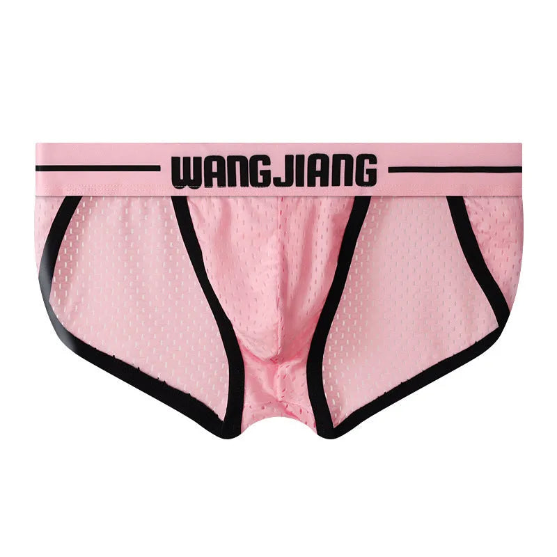 Men's black mesh triangle underwear briefs made from breathable Ice Silk nylon fabric