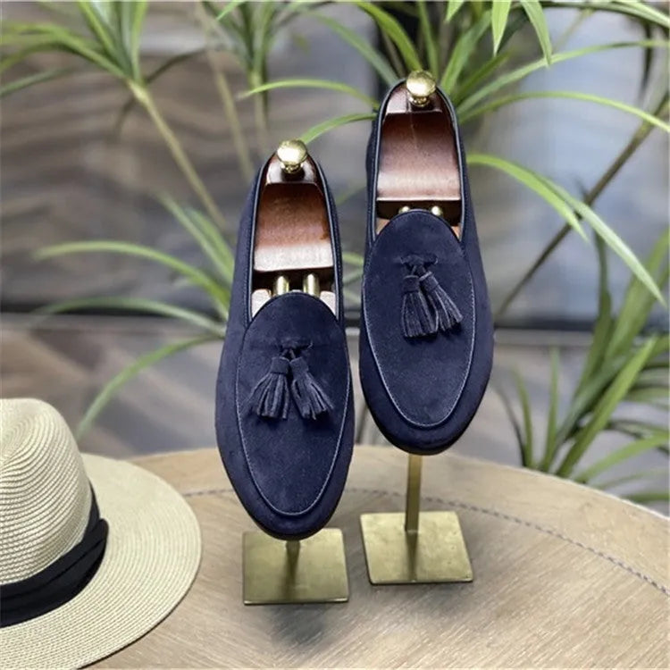 Men's fashion retro British tassel slip-on shoes with artificial PU upper in black, blue, brown, dark gray, sizes 38 to 48