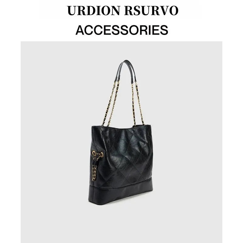 Large black PU shoulder handbag with diamond chain, vertical square shape, and double joint straps