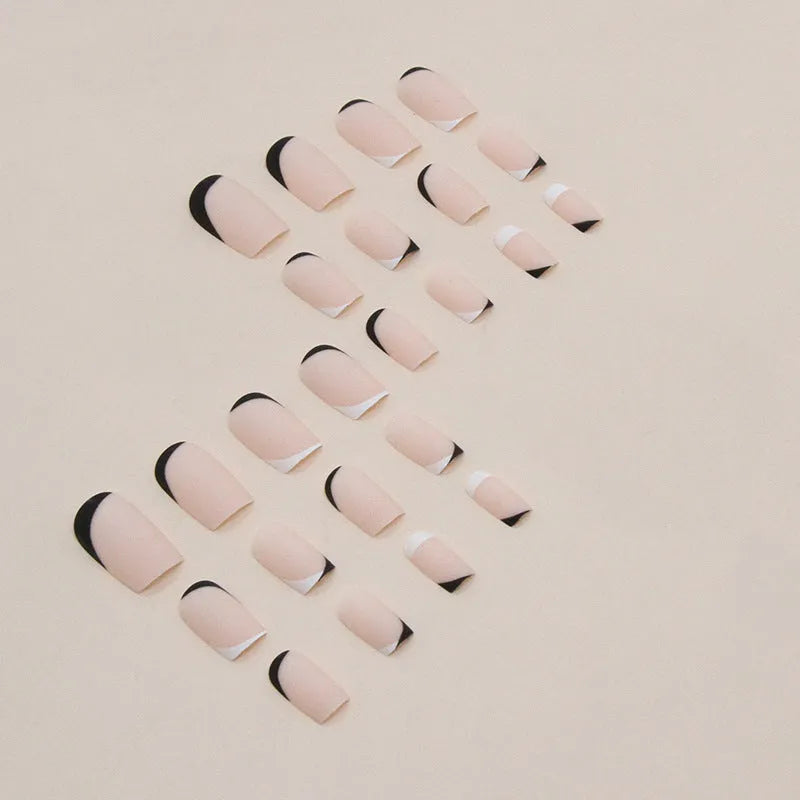 Black and white frosted French manicure false nails set with mandarin duck colour pairing