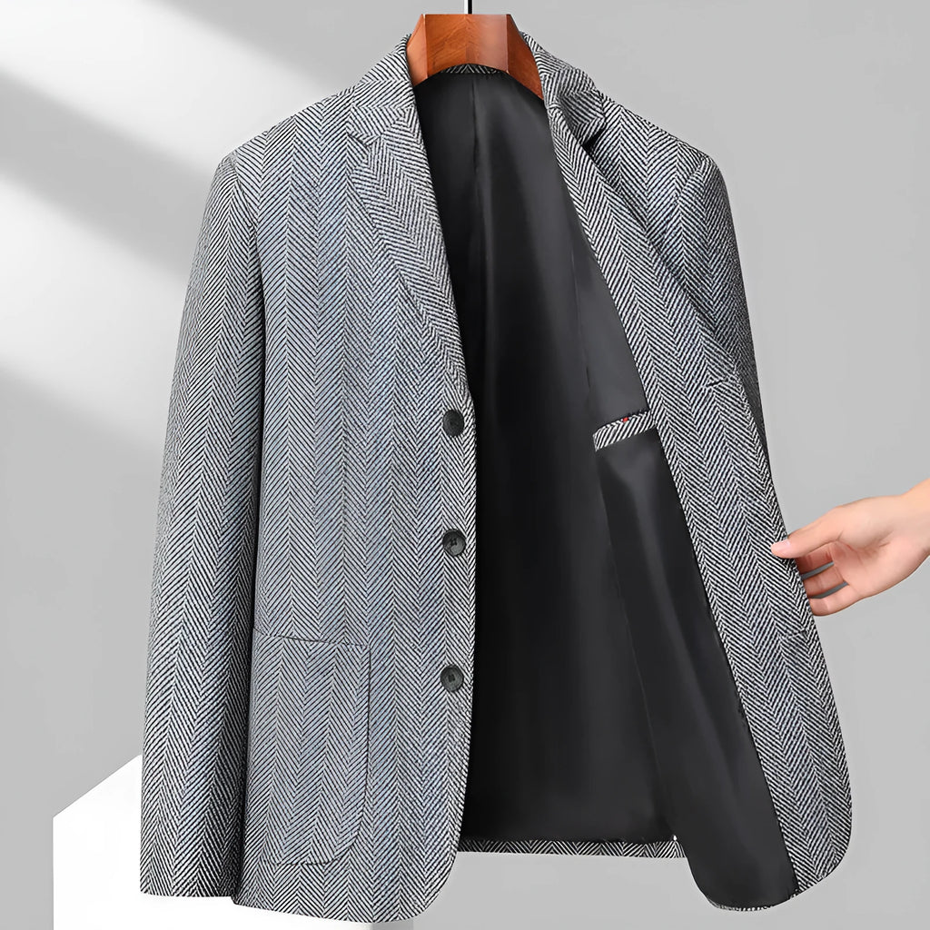 Men's loose-fit solid-colour wool blend overcoat for spring and autumn, shown in a neutral colour.