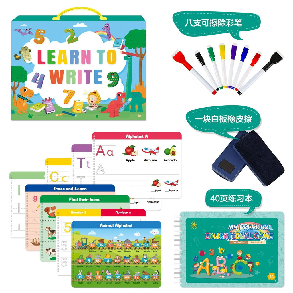 Montessori handwriting practice book set with erasable pens, reward stickers, and gift box for children's early education