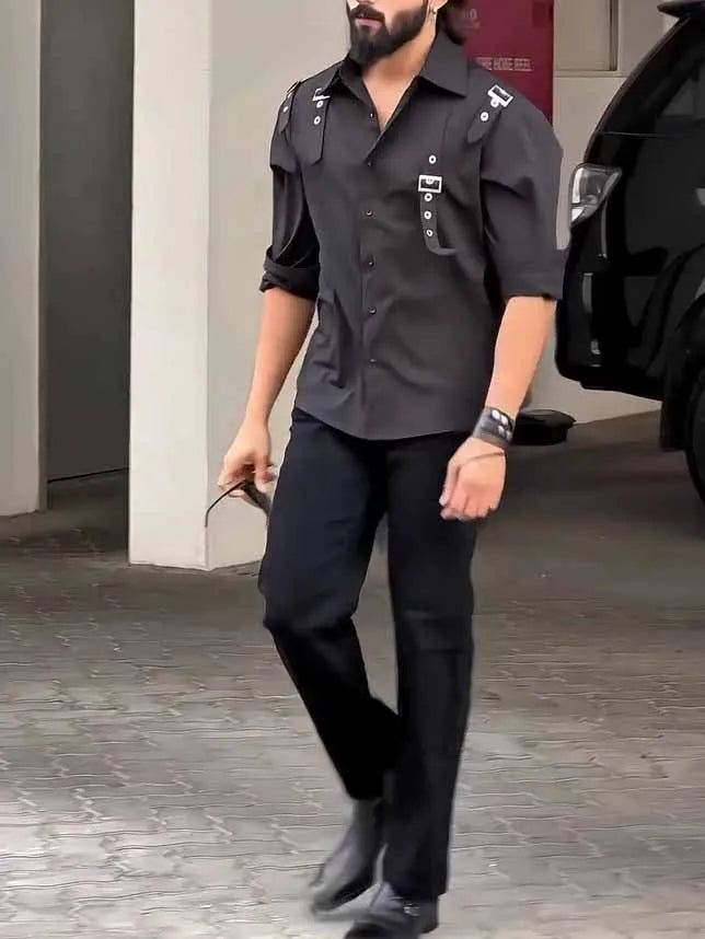 Men's black regular fit button-up shirt made from polyester, shown on a hanger.