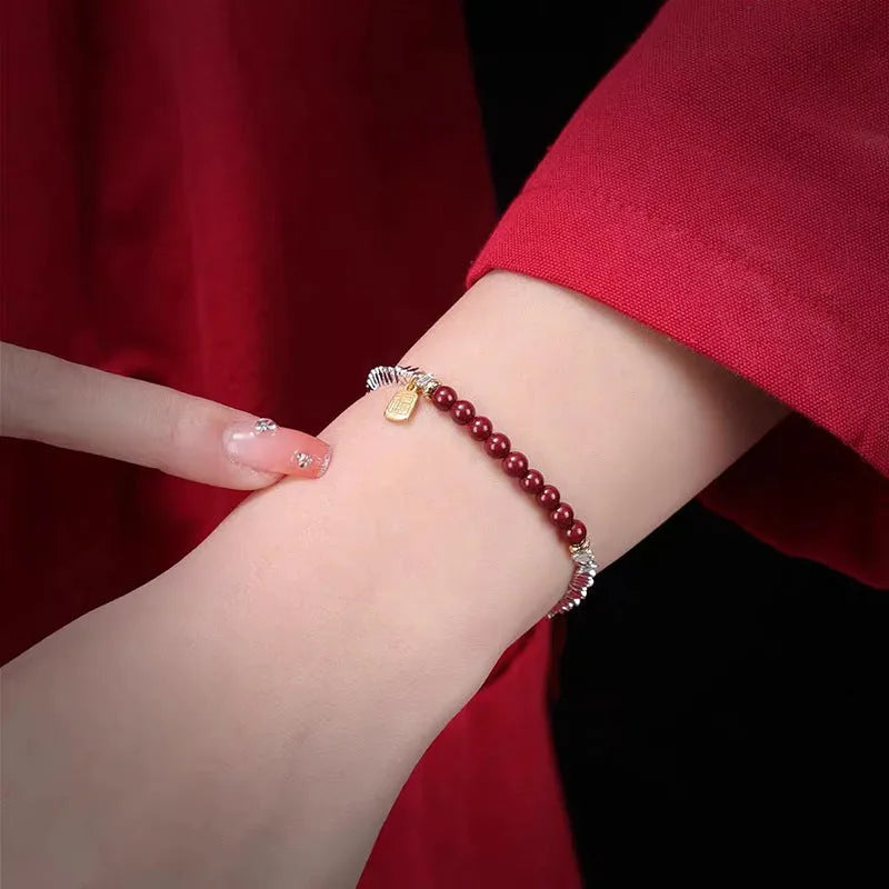 White silver lucky beads couple bracelet made of copper, 16 cm long with geometric design.