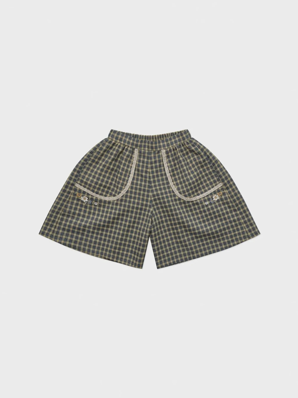 Girls' beige cotton knitted short-sleeved top with checkered shorts two-piece set on child