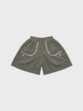 Girls' beige cotton knitted short-sleeved top with checkered shorts two-piece set on child
