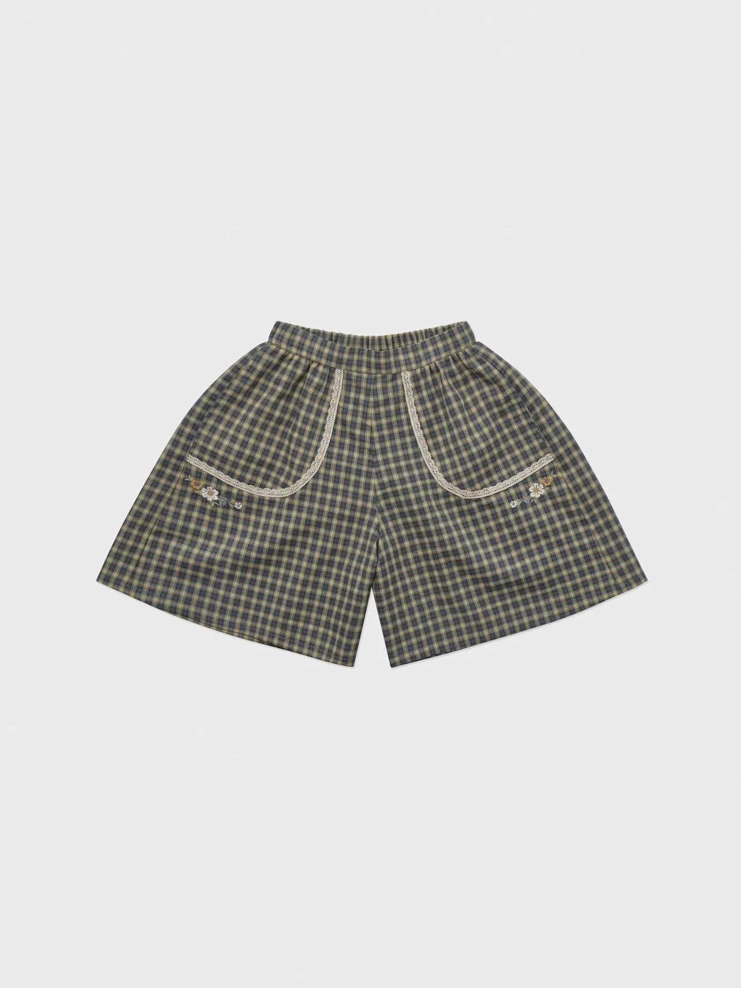 Girls' beige cotton knitted short-sleeved top with checkered shorts two-piece set on child