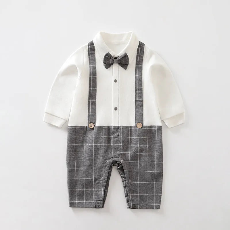 Baby one-piece long sleeve Korean style cotton bodysuit in white with single-breasted design and long climb feature