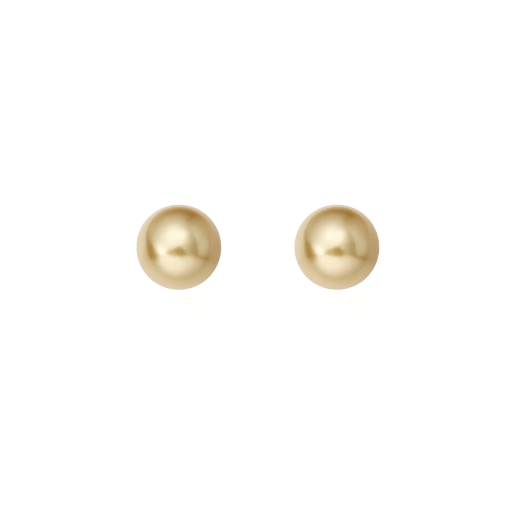 Pearl stud earrings with geometric star design in silver, showing size options from 8mm to 14mm diameters