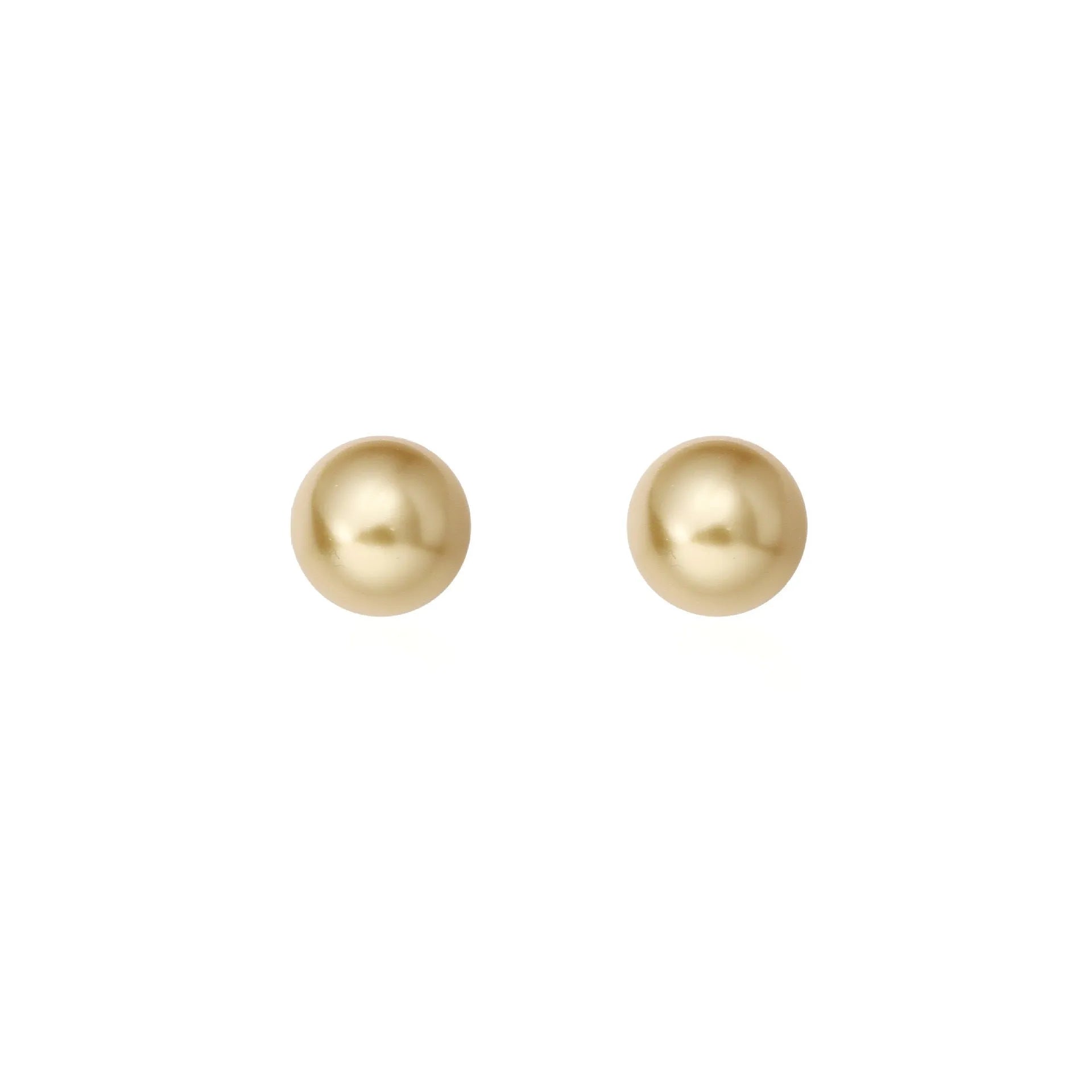 Pearl stud earrings with geometric star design in silver, showing size options from 8mm to 14mm diameters