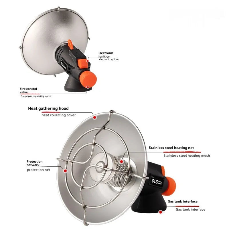 Black and orange portable outdoor gas heating stove with automatic ignition on a camping table.