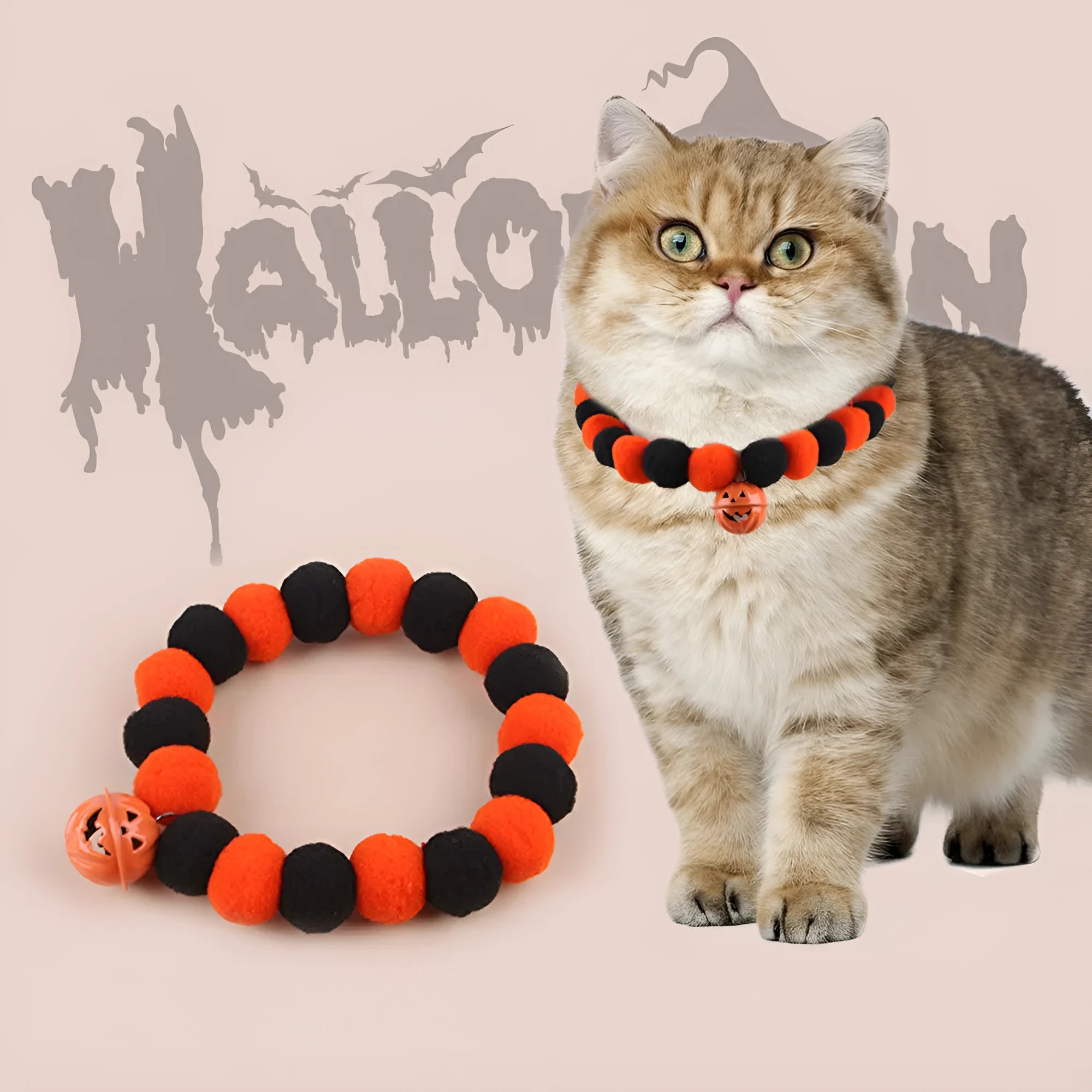 Orange Halloween cat collar with pumpkin design and adjustable snap buckle in three sizes