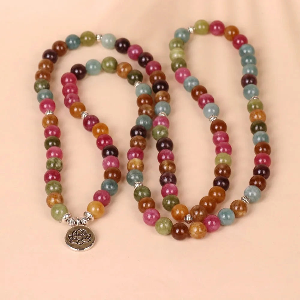 108 bead lotus multi-layer bracelet with tourmaline colour alloy construction and hanging charm