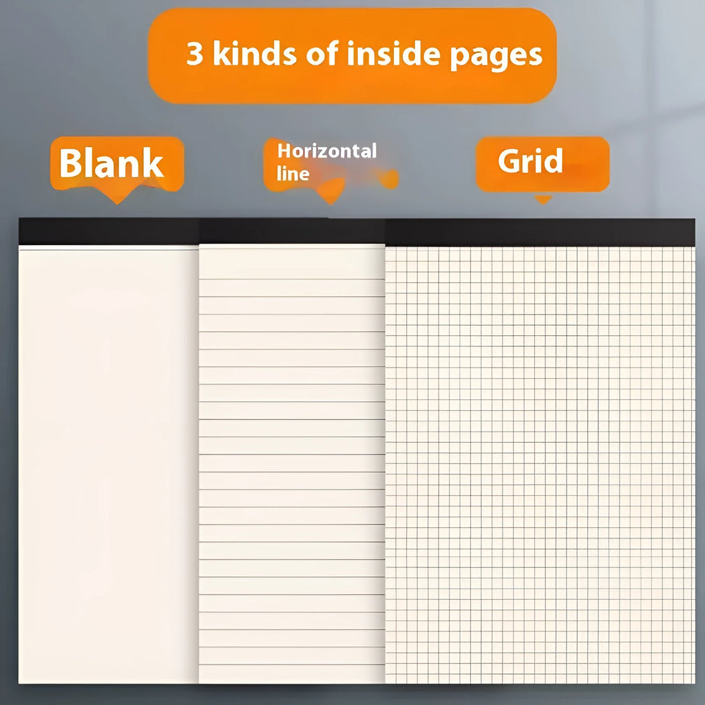 A5, B5, and A4 writing pads notebook with blank, grid, and lined page options, 80 sheets.