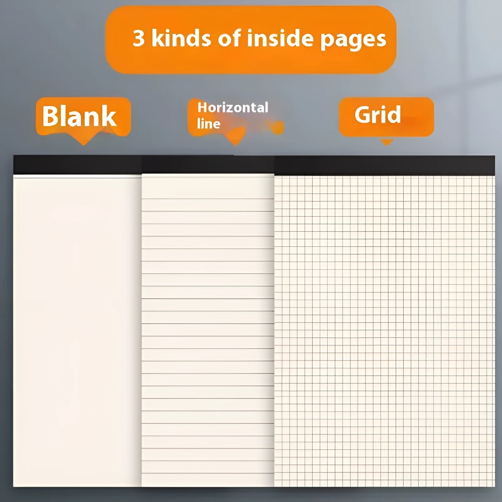 A5, B5, and A4 writing pads notebook with blank, grid, and lined page options, 80 sheets.