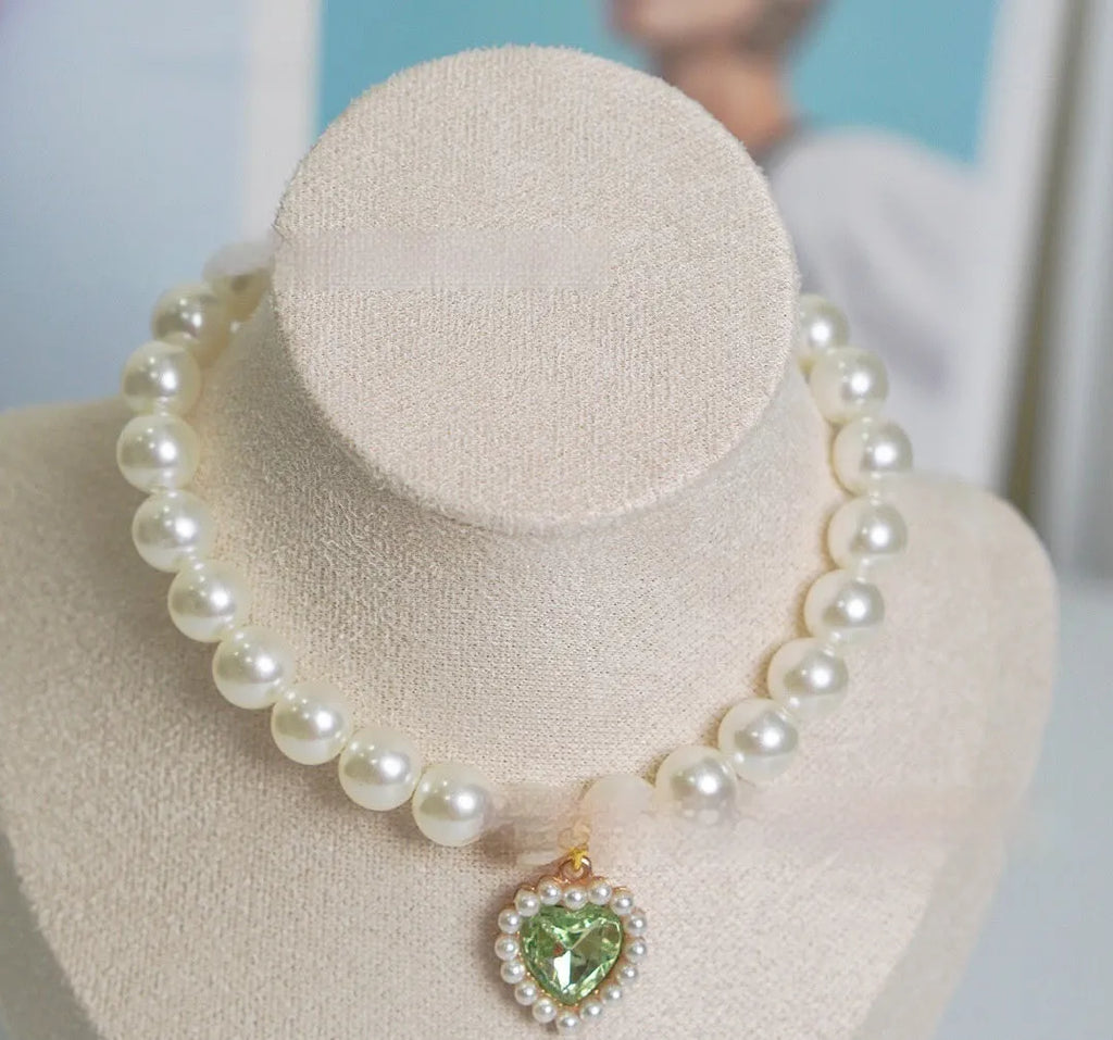 Plastic alloy resin pearl necklace cat collar with love gem charm in multiple colours