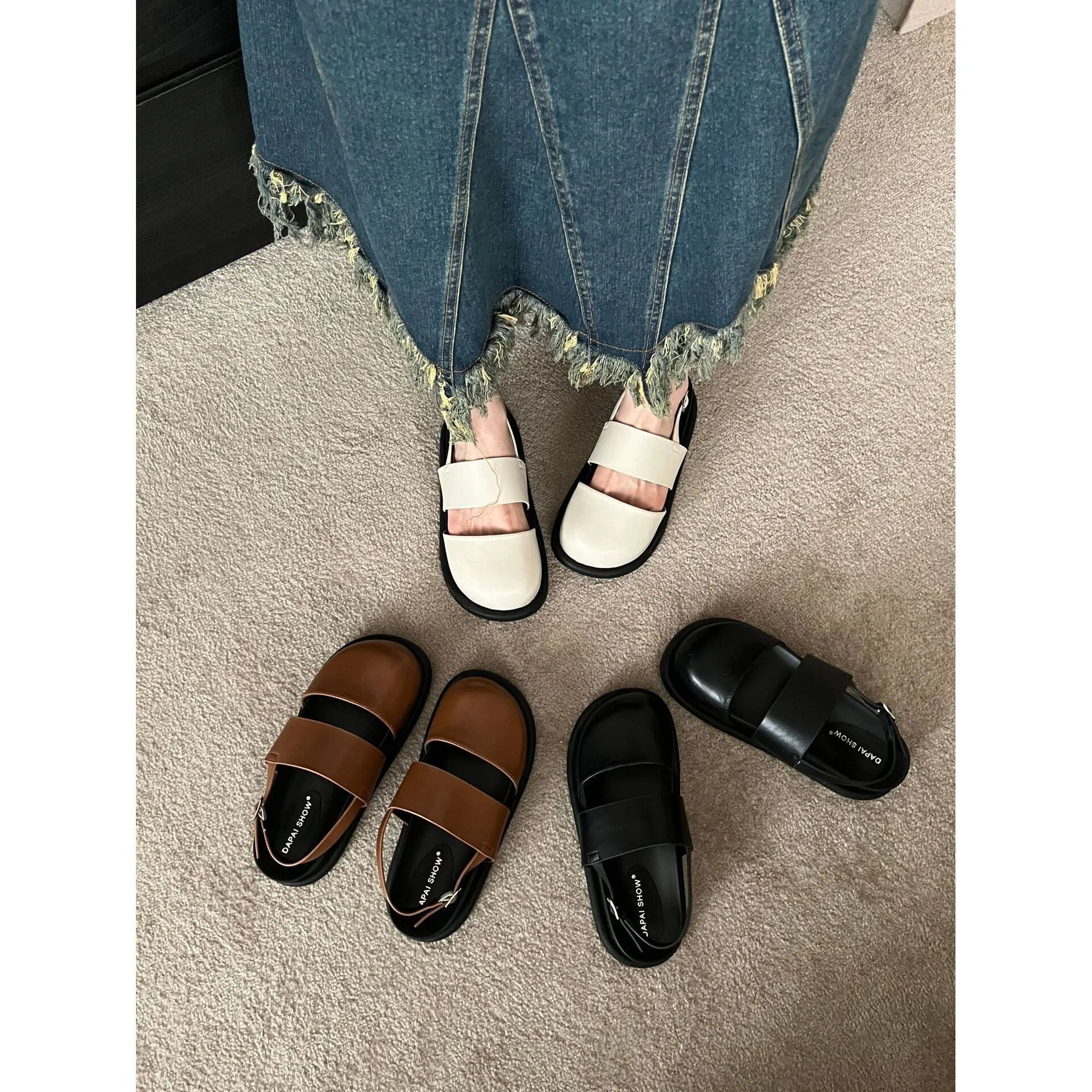 Retro Korean style sandals with an ankle-strap buckle, shown in apricot colour.