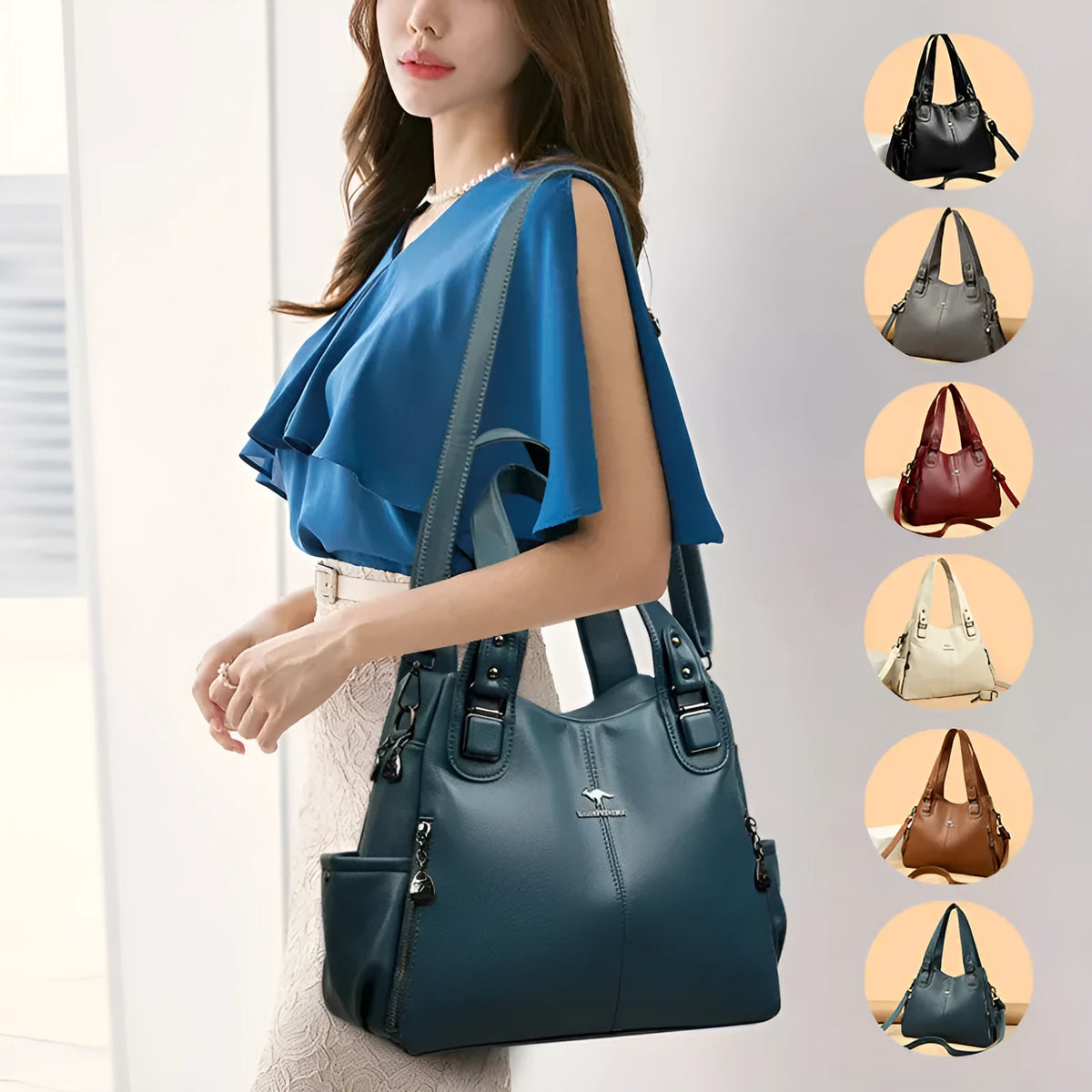 Women's PU crossbody shoulder bag, horizontal square, soft, large capacity, zip pocket, six colours