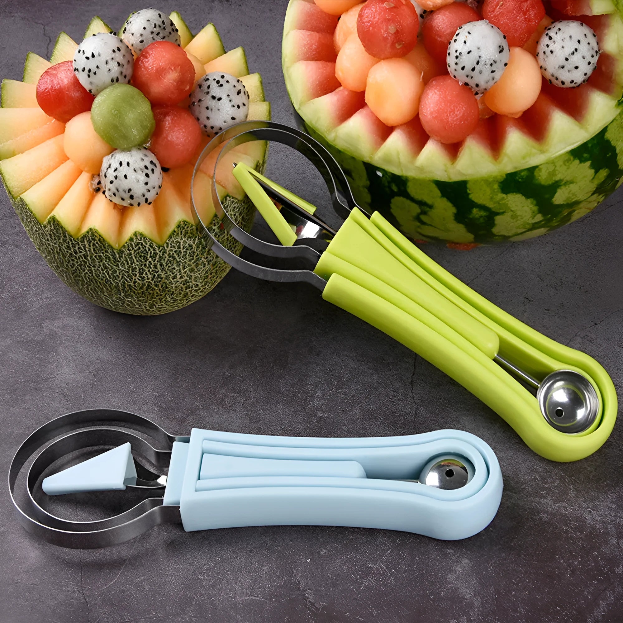 Three-in-one stainless steel fruit ball excavator with large and small scoops, green and blue PP handles