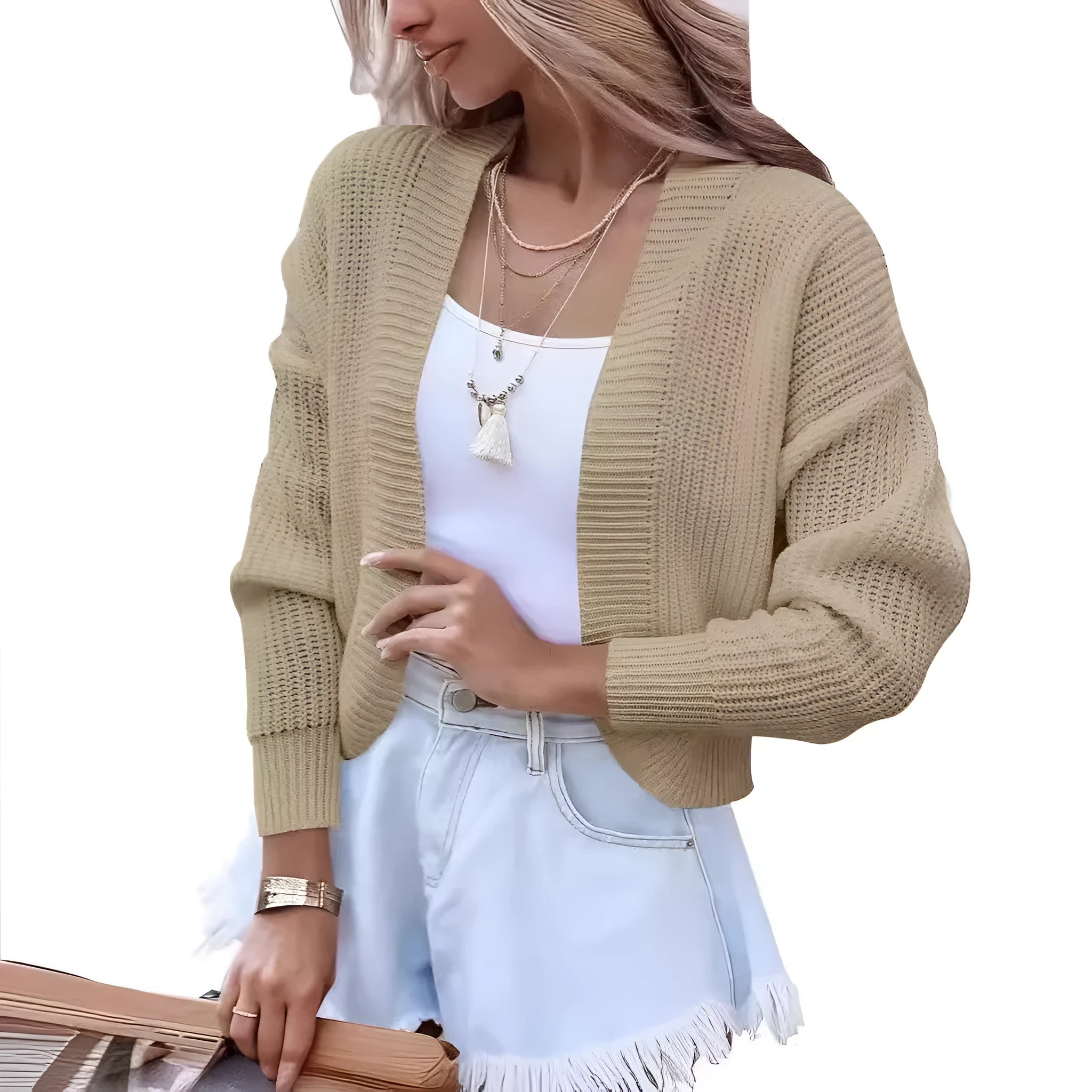 Women's short cape knitted cardigan sweater in solid colour, long sleeves, open front, polyester knit fabric.