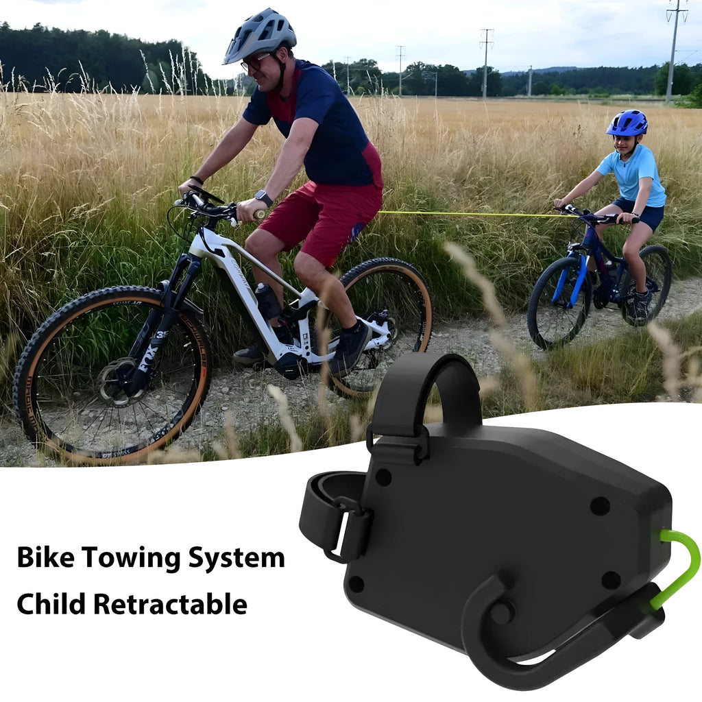 Black plastic mountain bike trailer traction device with adjustable trailer rope for child transport