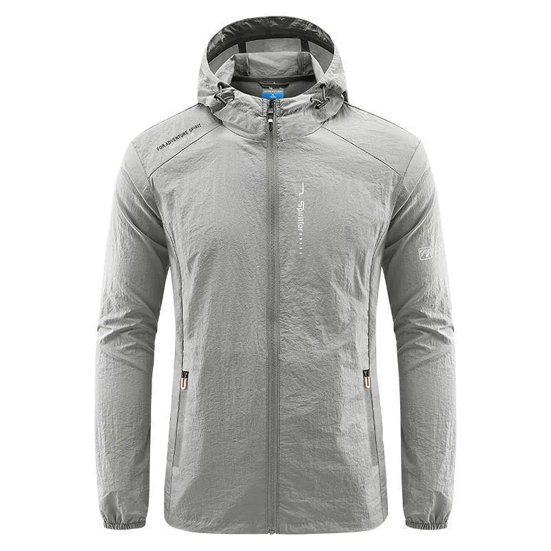 Men's light grey hooded nylon summer jacket with loose fit for sun protection