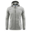 Men's light grey hooded nylon summer jacket with loose fit for sun protection